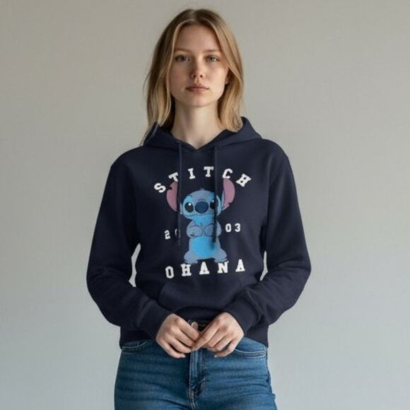 NWT Disney Lilo & Stitch Junior's Large Blue Cozy Hoodie Varsity Ohana - Picture 1 of 8